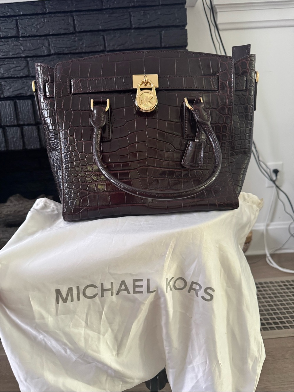 Michael Kors Cream and Dark Brown Croc-Trim Interior Satchel